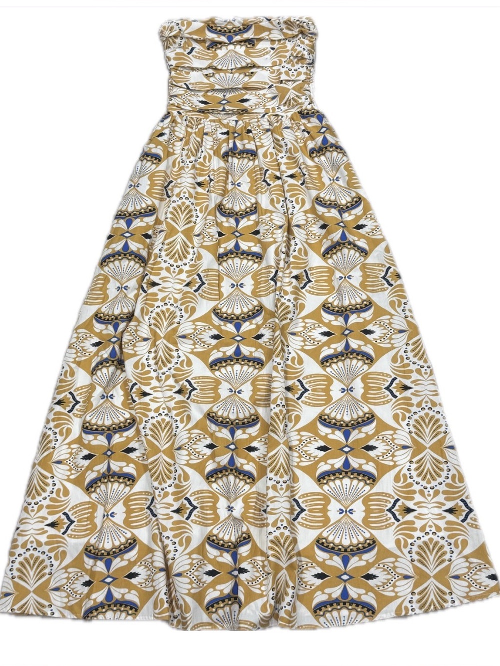 Moon River Strapless Maxi Skirt in Mustard, White & Navy Geo Print
